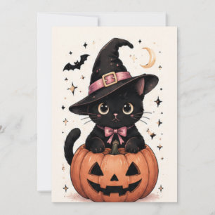 Convite Gato Preto com Laço Rosa Fofo Teia de Aranha