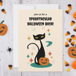 Convite Gato Preto de Halloween em Estilo de Meados do Séc