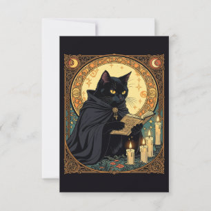 Convite Gato Preto de Halloween Lendo um Livro