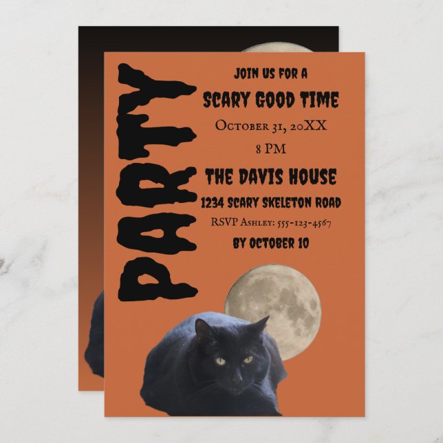 Convite Gato Preto de Lua Completa do Halloween (Frente/Verso)
