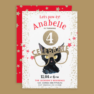 Convite Gato Preto Divertido Dourado Brilho Estrelas Verme