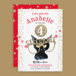 Convite Gato Preto Divertido Glitter Dourado Estrelas Verm