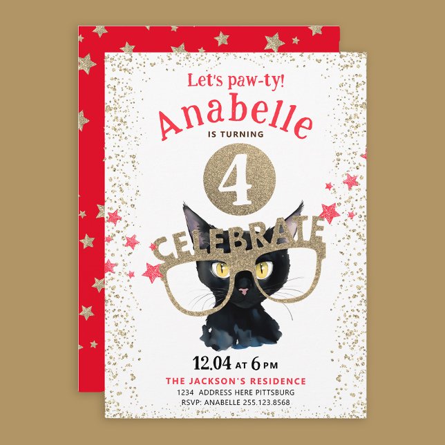 Convite Gato Preto Divertido Glitter Dourado Estrelas Verm (Criador carregado)