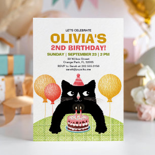Convite Gato preto e bolo de aniversário.