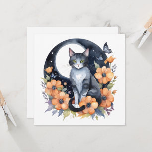 Convite Gato Preto Elegante Arte Floral da Lua Amante de G