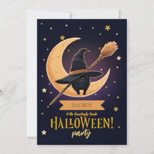 Convite Gato Preto Elegante Lua Crescente Vassoura Hallowe
