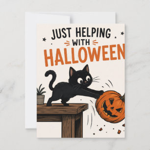 Convite Gato Preto Engraçado Derrubando Abóbora de Hallowe