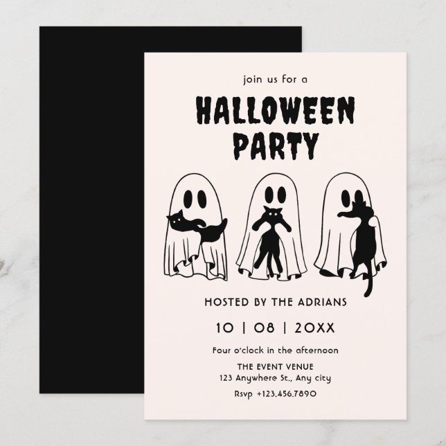 Convite gato preto fantasma halloween  (Frente/Verso)