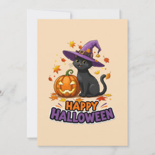 Convite Gato Preto Fofo Bruxa Feliz Halloween Abóbora