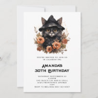 Gato Preto Fofo em um Chapéu de Bruxa de Aniversár