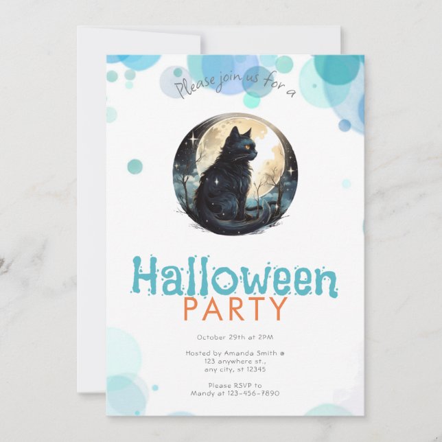Convite Gato Preto Lua Cheia Estrelas Festa de Halloween F (Frente)