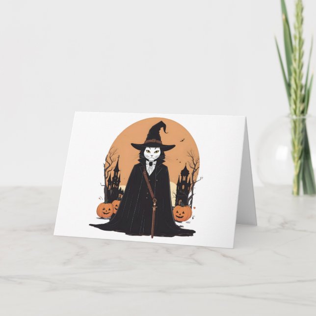 Convite Gato Preto Místico de Salem com Abóboras (Frente)
