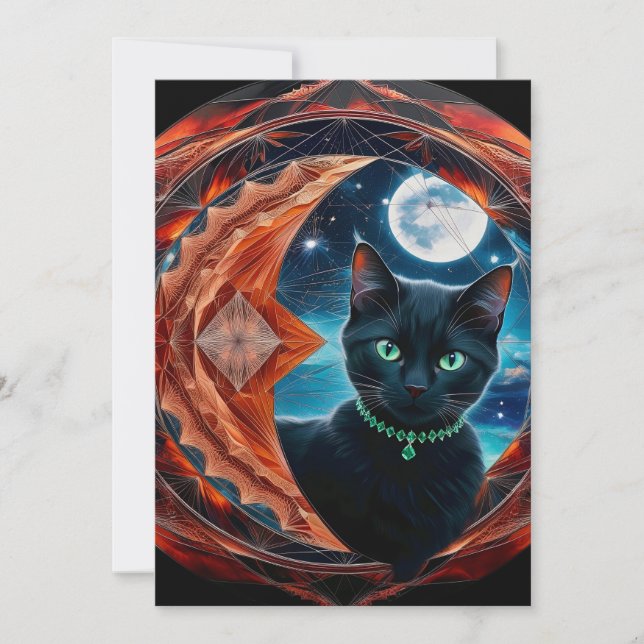 Convite Gato Preto Místico Mandala Celestial (Frente)