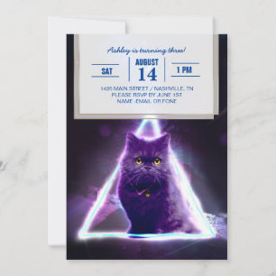 Convite Gato preto no triângulo do hipster neonário azul