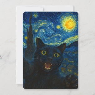 Convite Gato Preto Noite Estrelada Van Gogh Gato Selfie