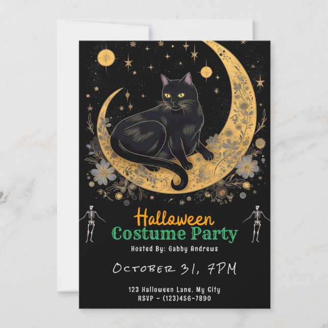 Convite Gato Preto sob uma Lua Crescente Black Halloween (Frente)