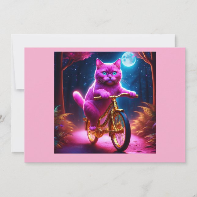 Convite Gato Rosa Andando Na Bicicleta Do Ouro (Frente)