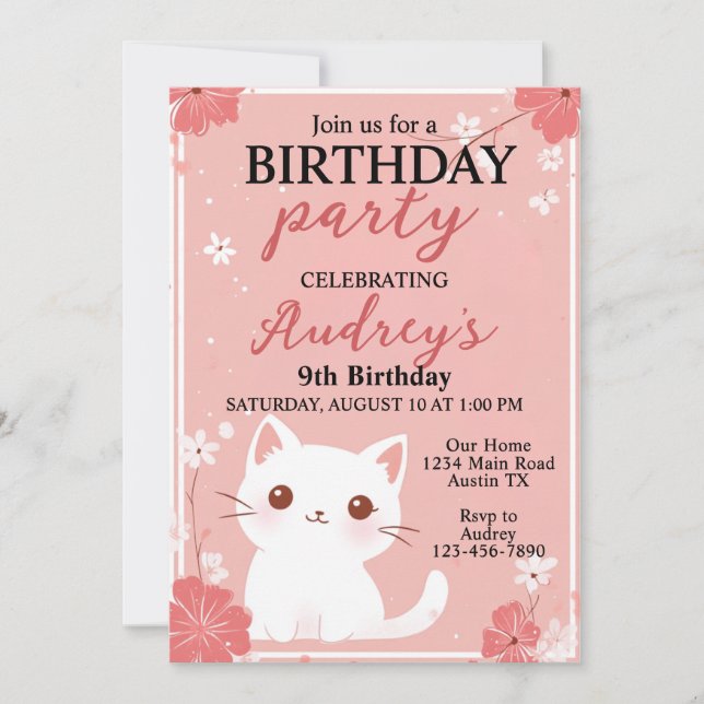 Convite Gato Rosa Pastel Aniversário Menina Qualquer Idade (Frente)