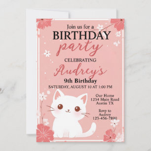 Convite Gato Rosa Pastel Qualquer Menina Idade Aniversário