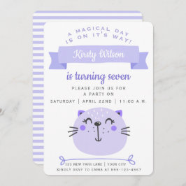 Convite Gato Roxo | Lilac Stripes - Aniversário de criança