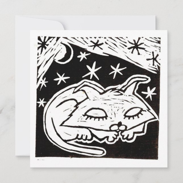 Convite Gato sonhando entre as estrelas Linocut (Frente)