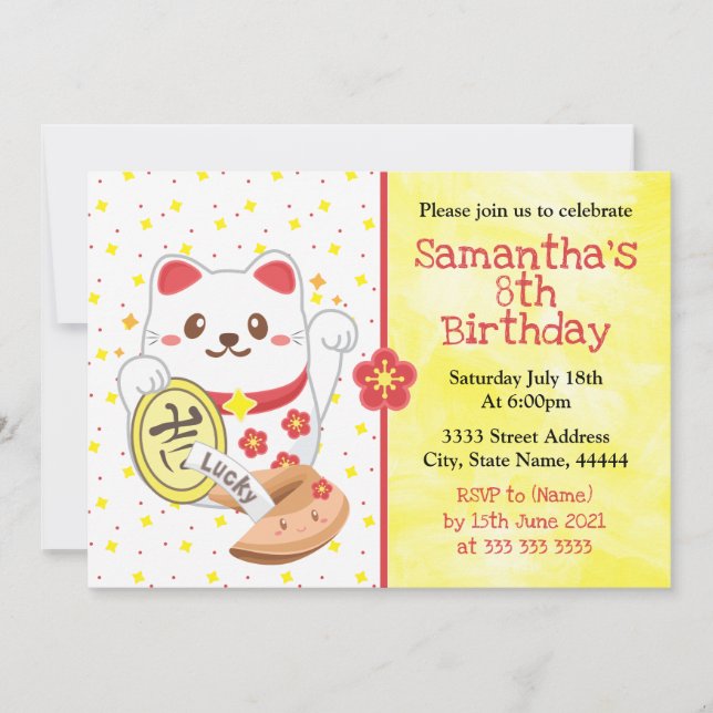 Convite Gato Sortudo Oriental Kawaii (Frente)