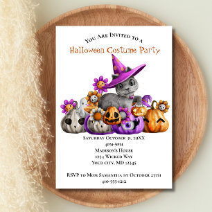 Convite Gatos Abóboras Roxo Laranja Festa de Halloween par