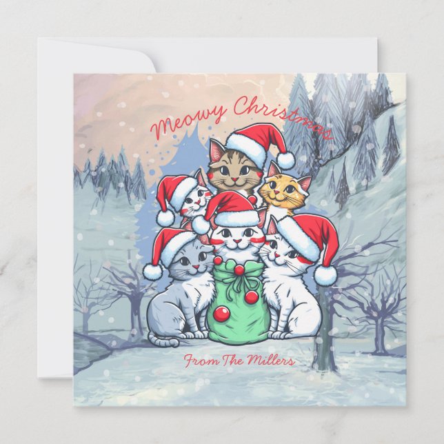 Convite Gatos Feliz Natal, Meowy Natal, Presente Divertido (Frente)