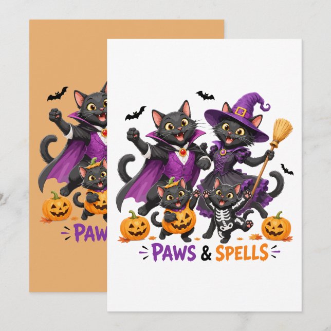 Convite Gatos fofos de Halloween Patas e Feitiços (Frente/Verso)