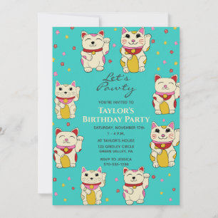 Convite Gatos Japoneses da Sorte Maneki Neko Aniversário