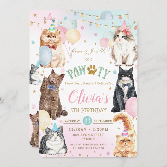 Convite Gatos Putos Adoráveis, Balões Festa de aniversário (Frente/Verso)