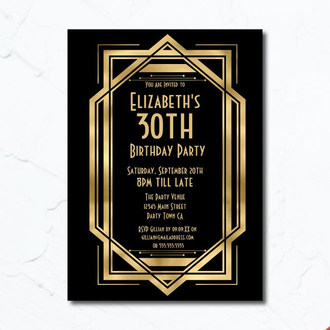 Convite Gatsby 1920 Art Deco Black | ANIVERSÁRIO DE 30 ANO (Criador carregado)