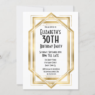Convite Gatsby Anos 20 Art Déco Branco | Ouro 30º Aniversá