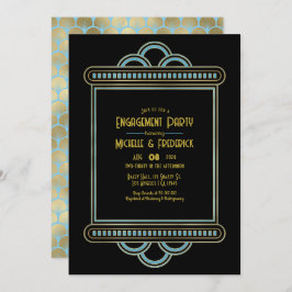 Convite Gatsby Art Deco Blue & Gold Engagement Party Photo