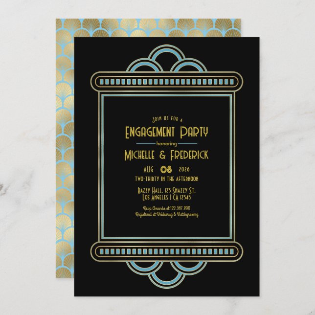 Convite Gatsby Art Deco Blue & Gold Engagement Party Photo (Frente/Verso)