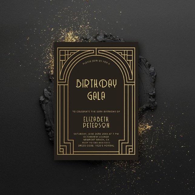 Convite Gatsby Art Deco Nouveau Dourado Roaring 20s Aniver (gatsby party invitation roaring 20s twenties art deco nouveau frame black gold formal elegant)