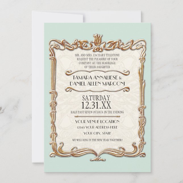 Convite Gatsby Art Deco Nouveau Lace Faux Dourada Tulip (Frente)