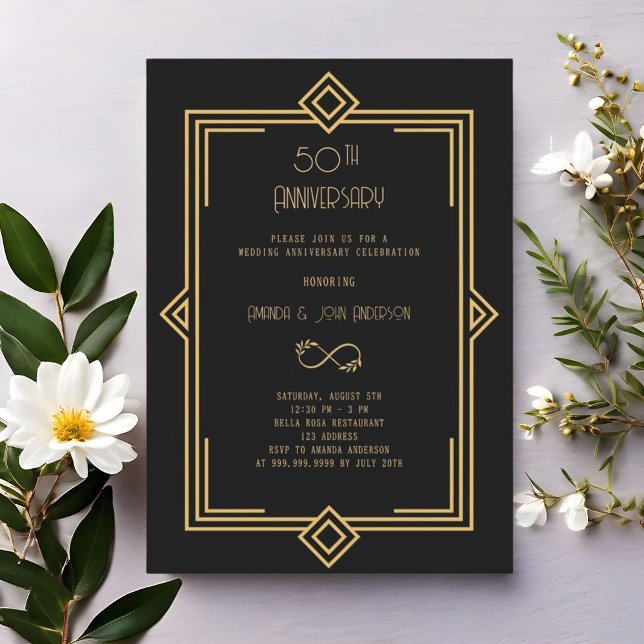 Convite Gatsby Art Deco preto 50º aniversário de casamento (Criador carregado)