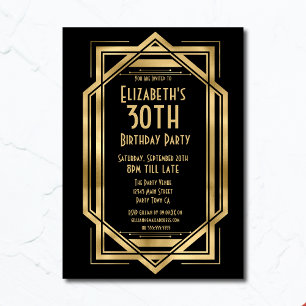 Convite Gatsby Art Déco Preto Dourado Aniversário de 30