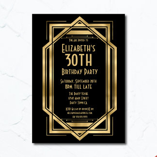 Convite Gatsby Art Déco Preto | Dourado Aniversário de 30