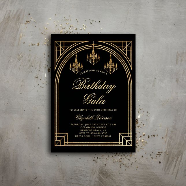 Convite Gatsby Deco Roaring 20s Arch Chandeliers Birthday (gatsby party invitation roaring 1920 twenties prohibition art deco nouveau frame chandeliers ball)