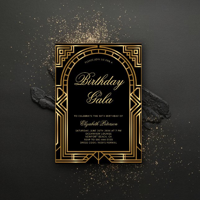 Convite Gatsby Deco Roaring 20s Elegante Arch Dourado Birt (gatsby invitation roaring 20s twenties art deco black tie elegant formal business corporate event)