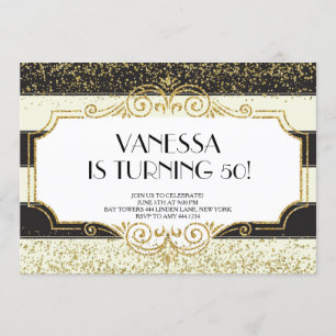 Convite Gatsby Dourado Black Glitter 50th Birthday