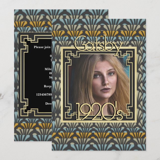 Convite Gatsby Fotografia Art Deco Chic de 1920 (Frente/Verso)