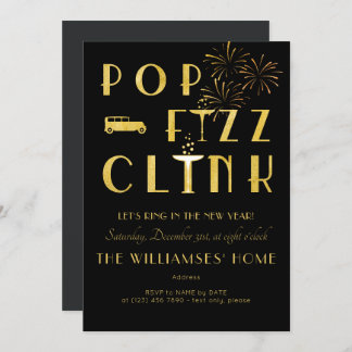 Convite Gatsby Pop Fizz Clink Art Deco New Years Eve Black