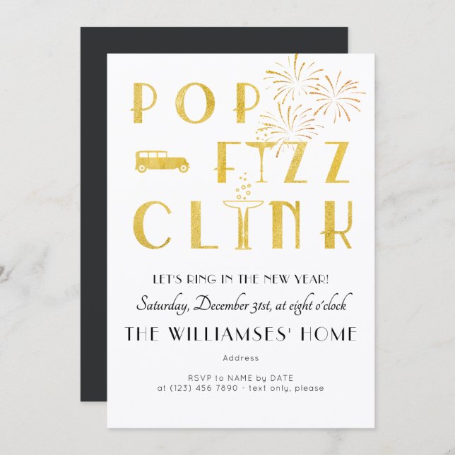 Convite Gatsby Pop Fizz Clink Art Deco New Years Eve Party (Frente/Verso)