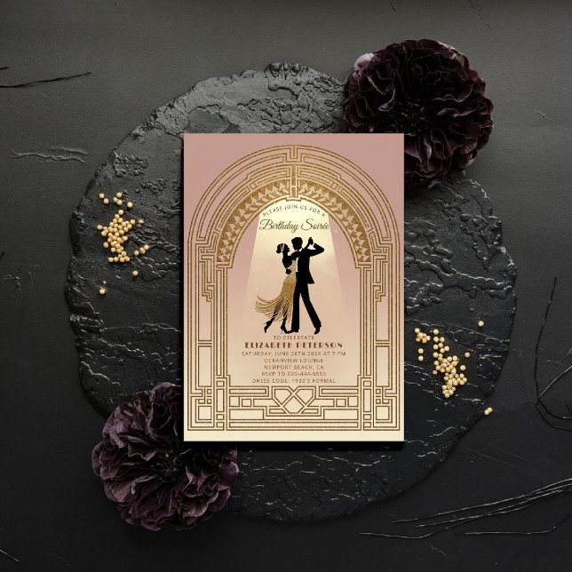 Convite Gatsby Roaring 20 Deco Arch Pink Aniversário (gatsby party invitation roaring twenties 1920s art deco nouveau arch frame business corporate event)