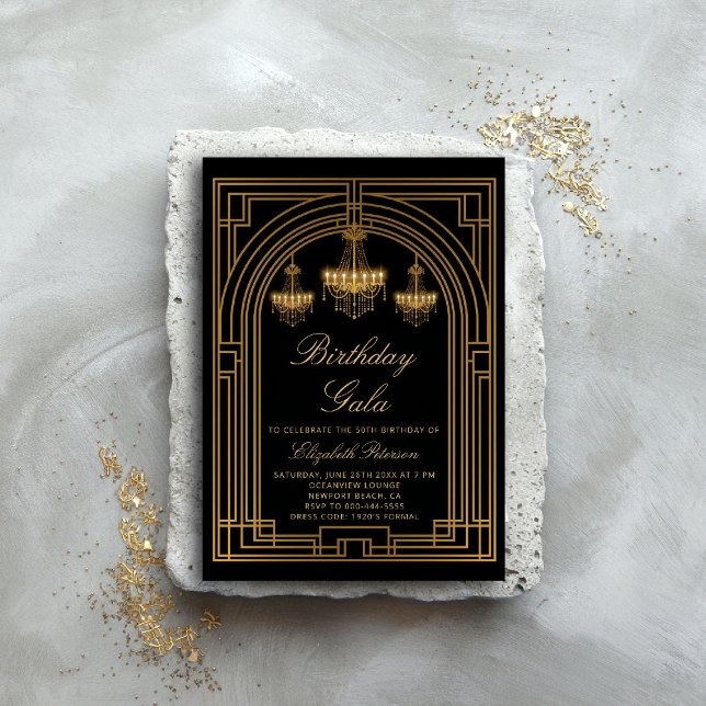 Convite Gatsby Roaring 20s Deco Chandeliers Dourado Aniver (gatsby party invitation roaring 1920 twenties prohibition deco chandeliers elegant ball event)