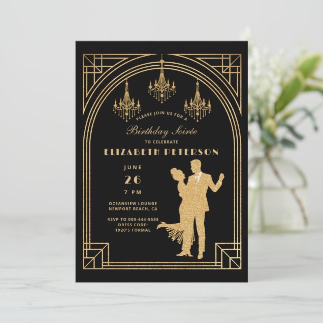 Convite Gatsby Roaring 20s Deco Chandeliers Frame Birthday (Em pé/Frente)