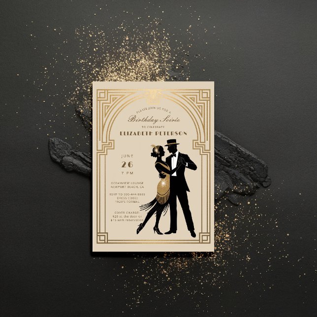 Convite Gatsby Roaring Twenties Art Deco Beige Birthday (gatsby party invitation roaring 1920s art deco frame elegant gold business corporate event)